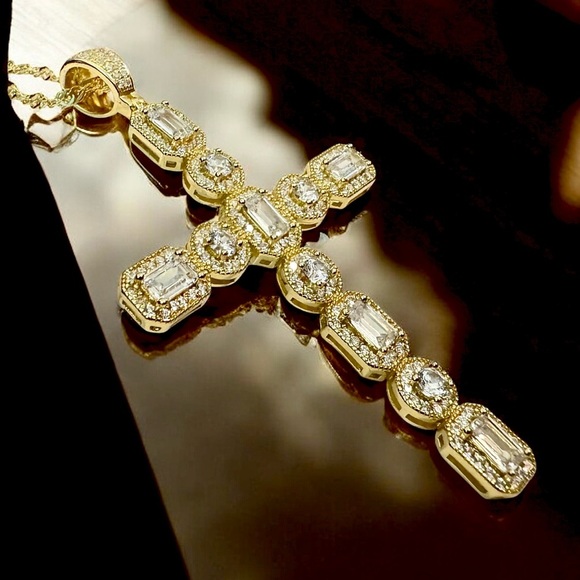 Elegant Gold Over Sterling CZ Cross Pendant Necklace - Picture 10 of 15